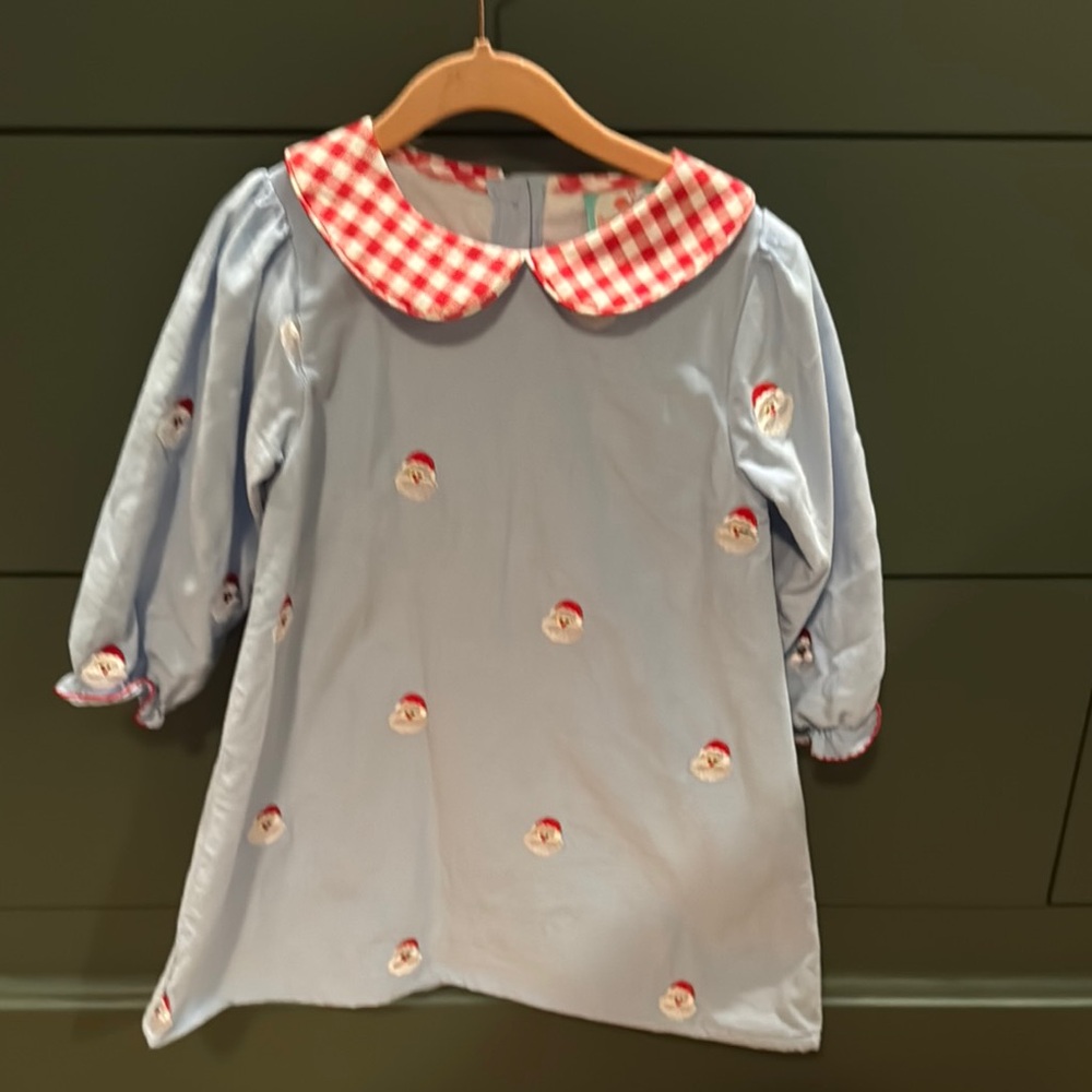 Blue Dress with Red Gingham Collar and Santa Embroidery